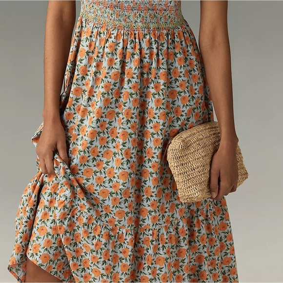 Anthropologie Floral Smocked Midi Dress Square Neck Cotton Large NWT - Picture 5 of 10